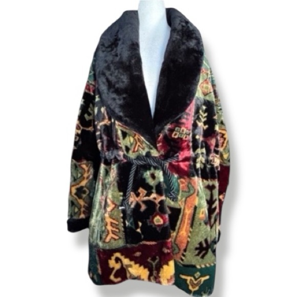 Vintage Gallery Faux Fur Patchwork Belted Coat Fur Collar Southwestern Artsy - Picture 4 of 14
